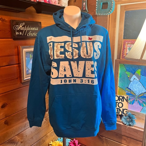 Turquoise JESUS SAVES Hooded Sweatshirt size S Boutique front pocket NEW - Picture 6 of 13
